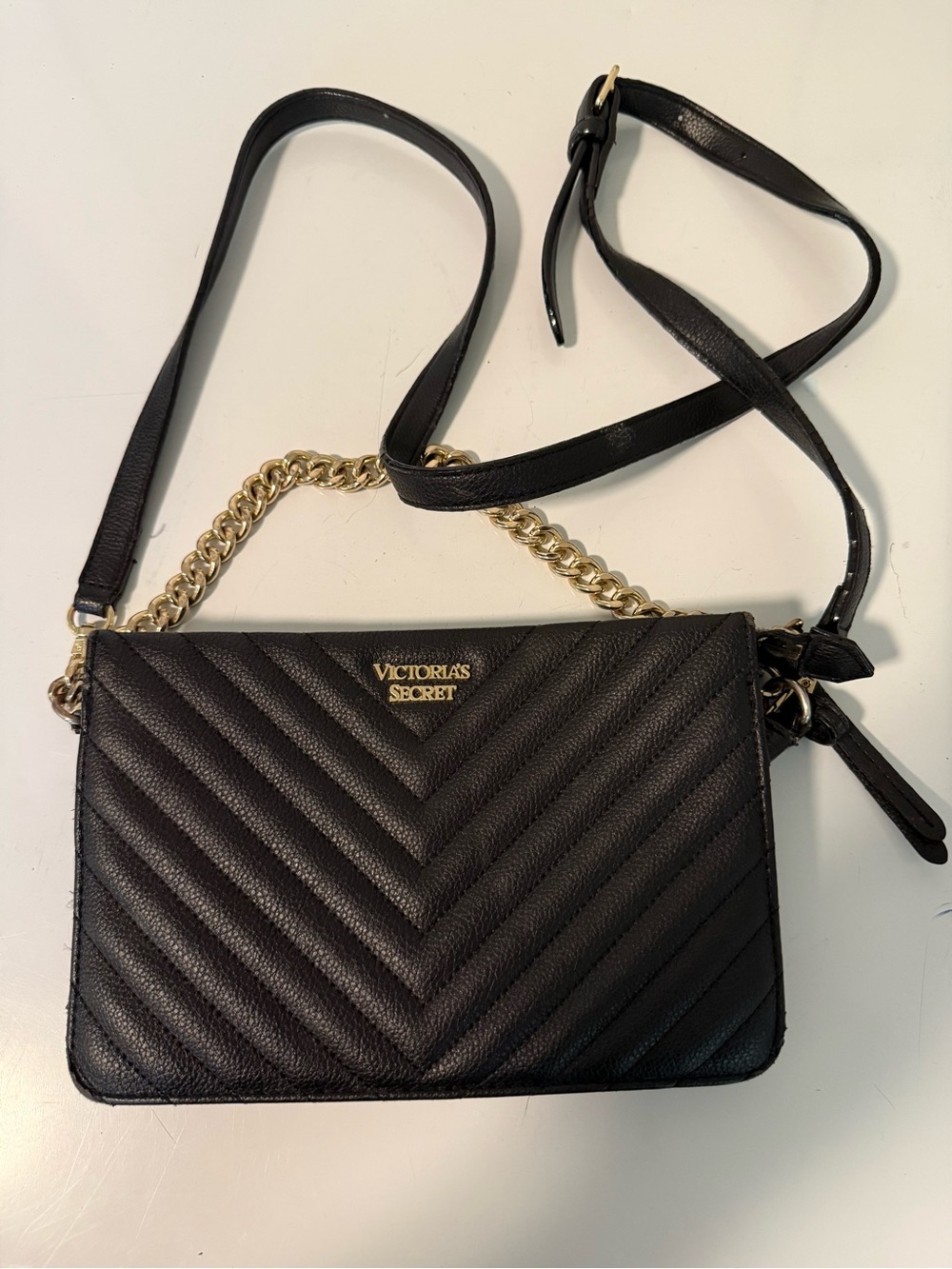 Victoria's Secret Black Quilted Crossbody with Gold Chain